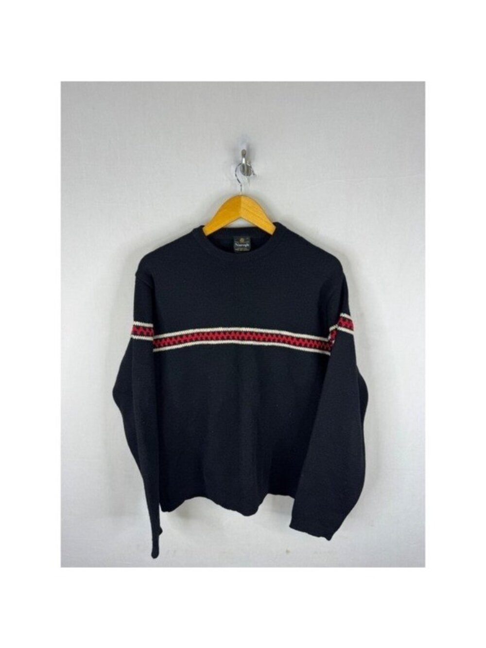 Vintage Norvyk Vintage Virgin Wool Ski Sweater Black Red White Stripe Mens L